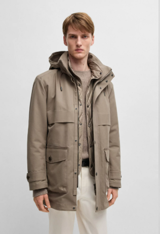 Down-blend hooded jacket with removable gilet