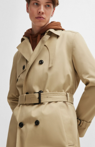 Water-repellent trench coat with buckled belt