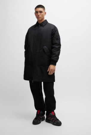 Water-repellent coat with branded sleeve pocket