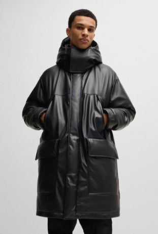 Faux-leather relaxed-fit coat with logo hood