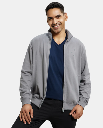Super Combed Cotton French Terry Jacket with Ribbed Cuffs - Performance Grey
