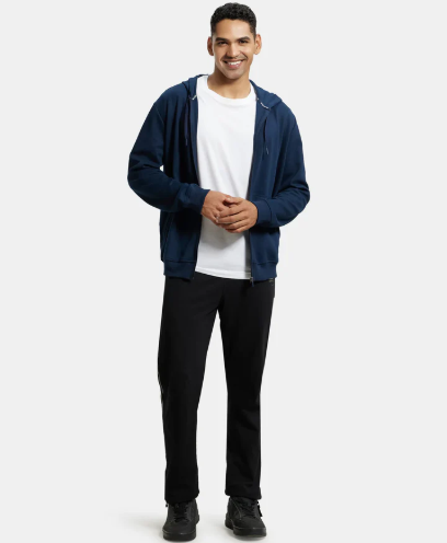 Super Combed Cotton Rich Pique Hoodie Jacket with Ribbed Cuffs - Navy